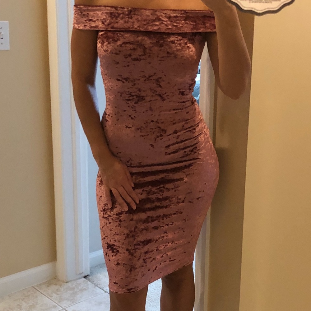 Club L pink velvet off the shoulder dress.